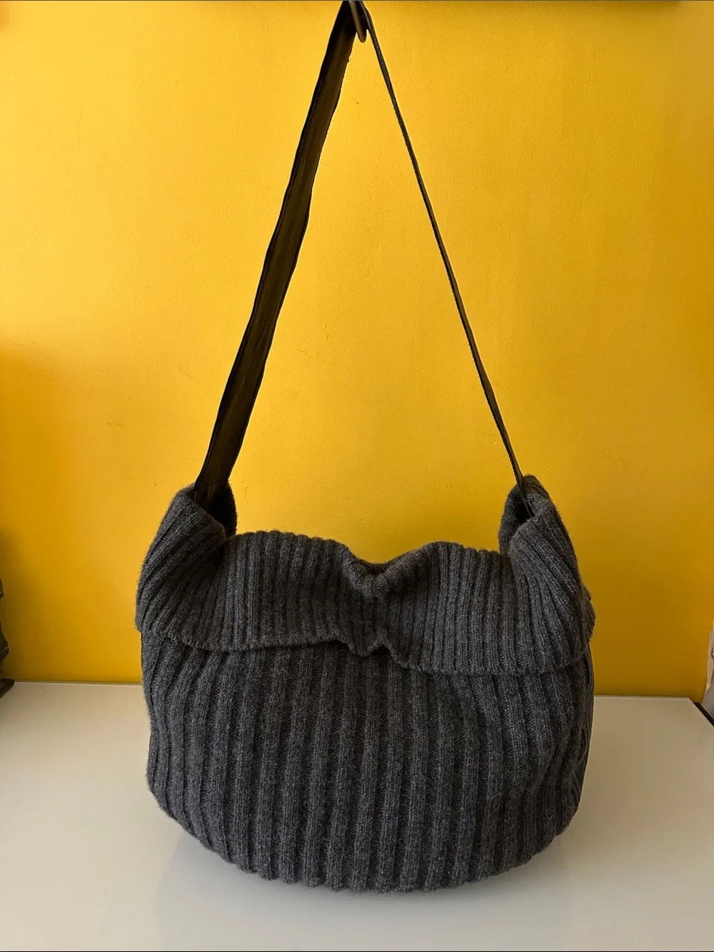 Darzzi Leather and Gray Lambswool Ribbed Knit Hobo Bag Slouchy Oversized Sling